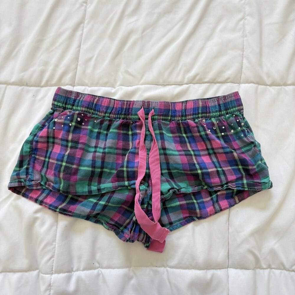 Aerie Shorts Retro Y2K Womens XS Micro Mini Pink Green Plaid 100% Cotton Dainty